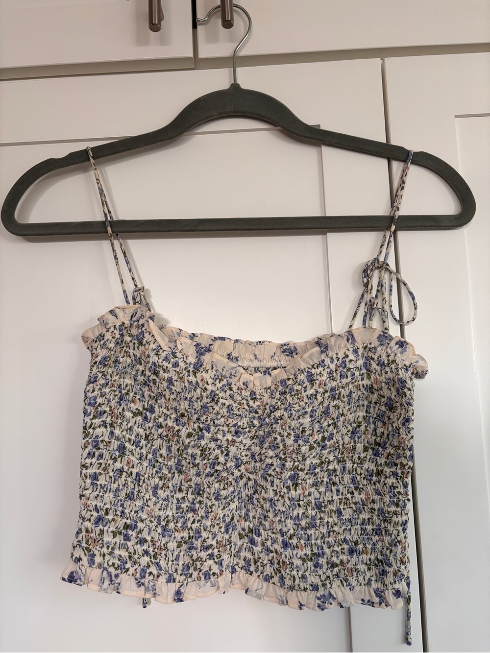 Reformation Blue Floral Smocked Crop Cami